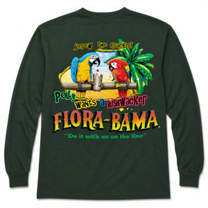 Long-sleeve shirt with parrot design and text on a white background