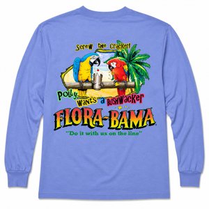 Blue long-sleeve shirt with parrot graphic and 'Flora-Bama'