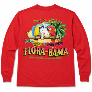 Red long-sleeve shirt with colorful parrot graphic and 'Flora-Bama' branding 