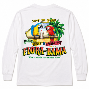 White long-sleeve shirt with colorful graphic of parrots and text on a white background
