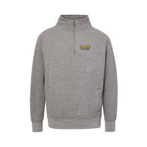 gray half-zip sweatshirt with a logo on a front left chest