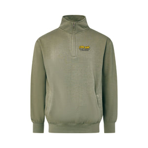 Green half-zip sweatshirt with a logo on a front left chest