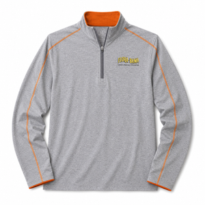 Gray long-sleeve shirt with orange accents and a logo on a white background