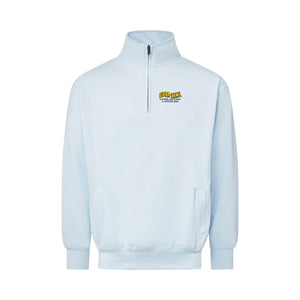 light blue half-zip sweatshirt with a logo on a front left chest