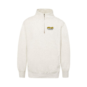 white half-zip sweatshirt with a logo on a front left chest