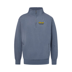 dark blue  half-zip sweatshirt with a logo on a front left chest