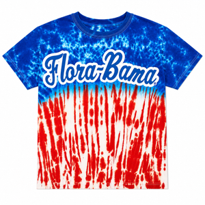 Tie-dye t-shirt with 'Flora-Bama' text on a white background
