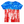 Tie-dye t-shirt with blue, red, and white pattern on a white background