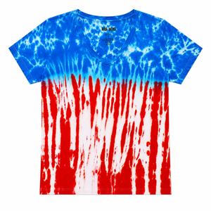 Tie-dye t-shirt with blue, red, and white pattern on a white background