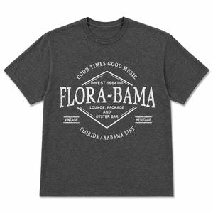 gray shirt with retro diamond and flora bama text on front