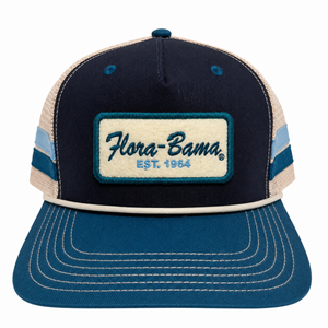 Blue and beige cap with 'Flora-Bama' logo on a cream patch outlined in blue