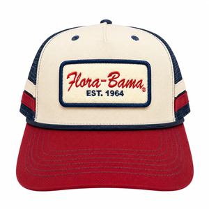 Red and beige cap with 'Flora-Bama' logo on a cream patch outlined in blue with red brim
