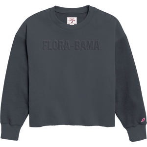 reverse fleece slate blue sweatshirt with florabama text across the front