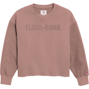 reverse fleece burgandy sweatshirt with florabama text across the front