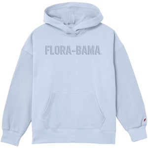 light blue hoodie with 'FLORA-BAMA' text on the front
