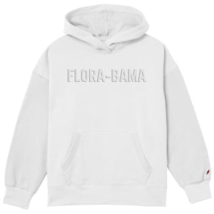 white hoodie with 'FLORA-BAMA' text on the front