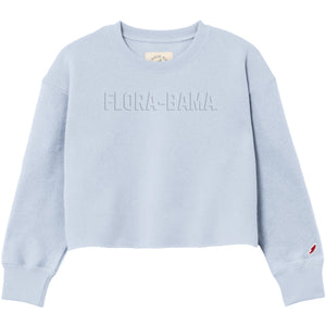 reverse fleece light blue sweatshirt with florabama text across the front