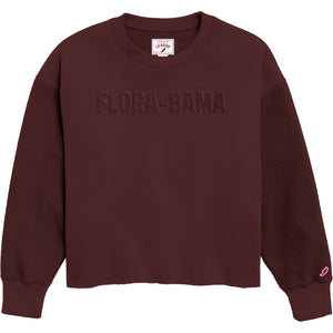 reverse fleece dark red sweatshirt with florabama text across the front