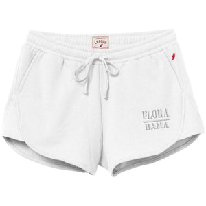 White fleece athletic shorts with a drawstring waistband, featuring 'FLORIDA & HAWAII' embroidered in gray on the left leg and a small red logo on the right hip. A 'LEAGUE' brand patch is visible inside the waistband.