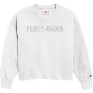 reverse fleece white sweatshirt with florabama text across the front