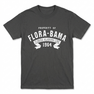 Dark gray t-shirt with 'Flora-Bama' graphic design on a white background