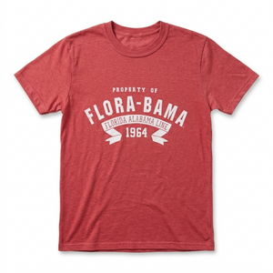 Red t-shirt with 'Flora-Bama' text on a white background