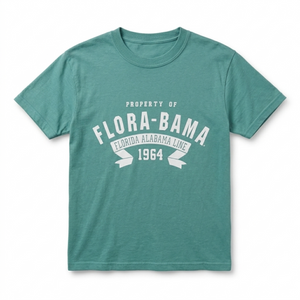 Teal t-shirt with 'Flora-Bama' graphic on a white background