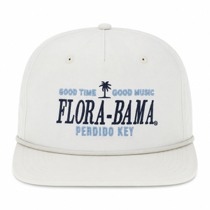 White cap with 'Flora-Bama' text and palm tree