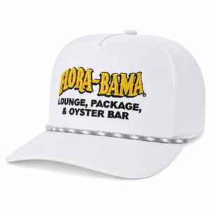 White cap with yellow and black text on a white background