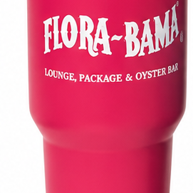 Five Flora-Bama tumblers in different colors on a white background