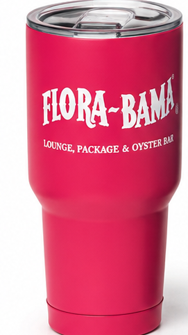 Five Flora-Bama tumblers in different colors on a white background