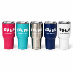 Five Flora-Bama tumblers in different colors on a white background