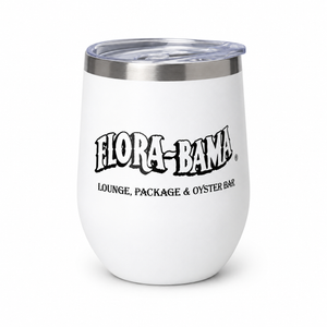 White tumbler with silver lid featuring 'Flora-Bama' logo on a white background