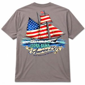 Gray t-shirt with a ship graphic featuring American flags and text on a white background