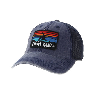 denim hat with black patch with sailboat and white flora bama logo