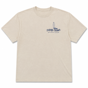 Beige t-shirt with 'Flora-Bama' logo on a white background
