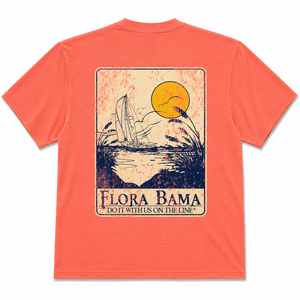 Coral t-shirt with 'Flora Bama' graphic design on a white background