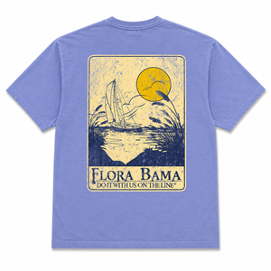 Blue t-shirt with a graphic design of a sailboat and text on the back