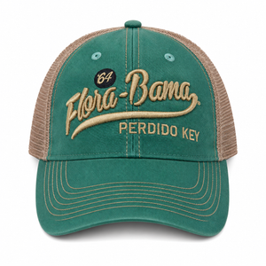 aqua hat with flora bama script 64 across the front