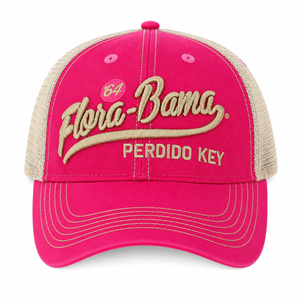 pink and beige hat with flora bama script across the front and perdido key 64