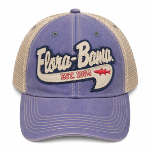 Blue and beige cap with 'Flora-Bama'script patch on front