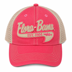 Pink and beige cap with 'Flora-Bama'script patch on front