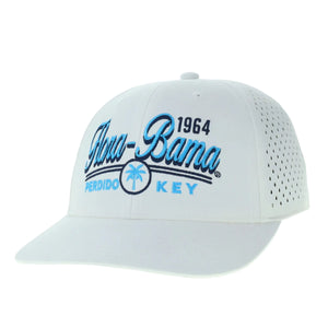 white kids' cap with 'Flora-Bama Perdido Key' text and a palm tree graphic in white and light blue on the front.