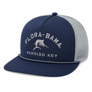 Navy blue and gray mesh cap with 'Flora-Bama' and marlin