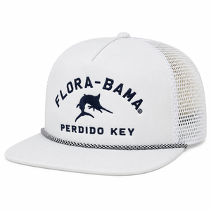White trucker cap with 'Flora-Bama' and and blue marlin