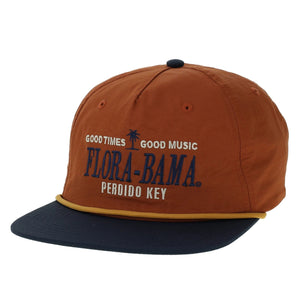 burnt orange hat with navy bill and flora bama text across the front