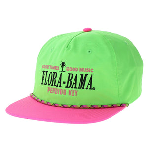 A green and pink Flora-Bama  cap with text and logo on the front.