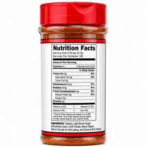 Spice container with nutrition facts label on a white background