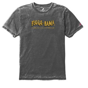 dark gray tshirt with yellow flora bama logo across the front