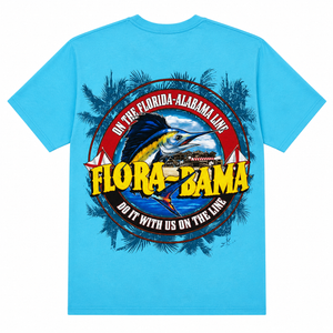 Blue t-shirt with a marlin graphic and 'Flora-Bama' logo in a circle